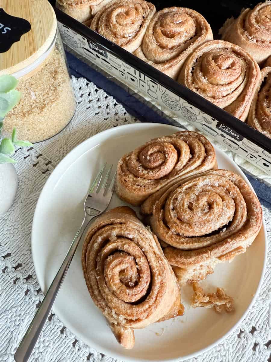 Fresh milled ingredients for cinnamon rolls made with whole grains. Easy homemade cinnamon roll recipe.