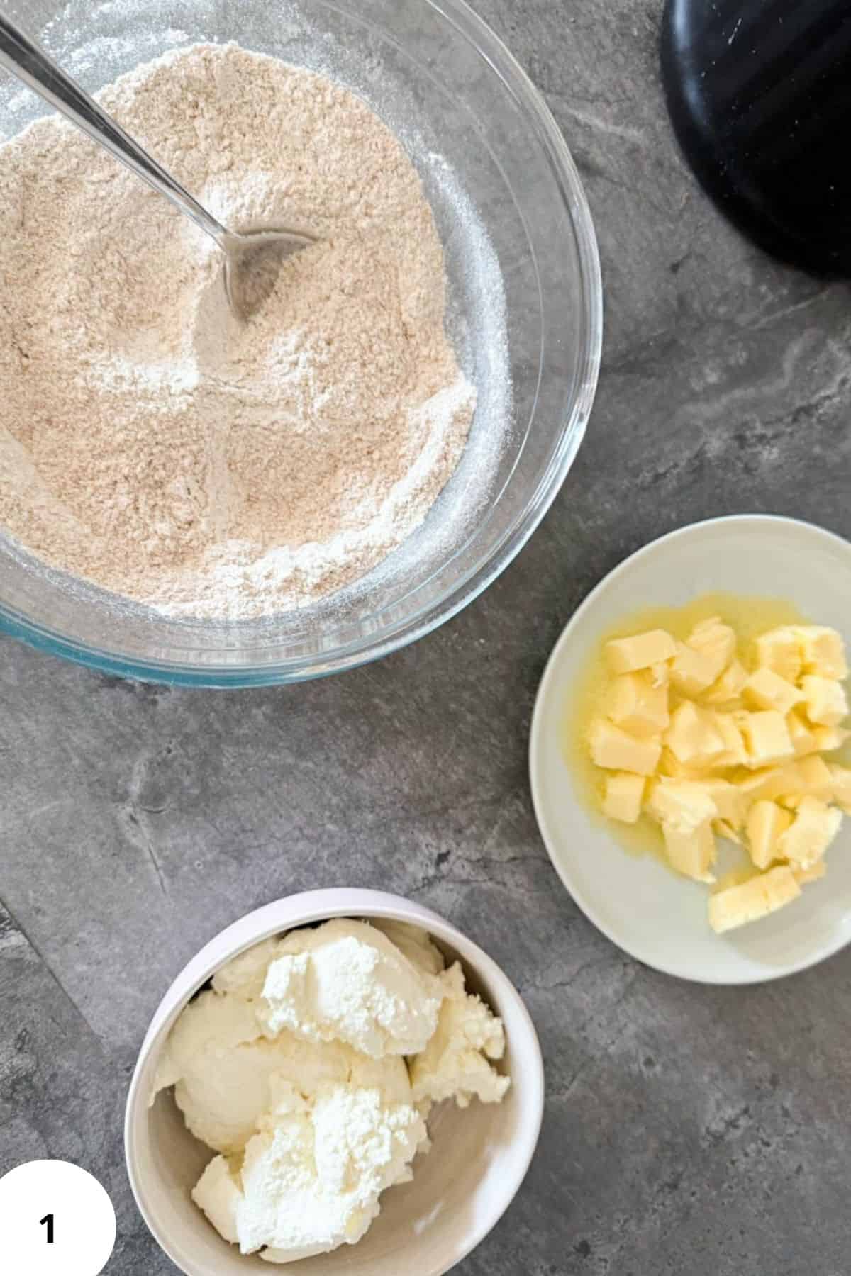 All-purpose flour, butter, and sugar for baking recipes.