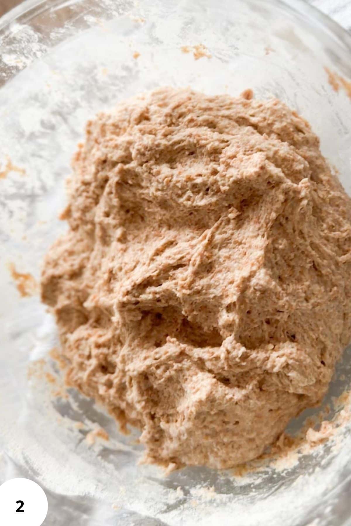 A close-up of soft, freshly mixed whole wheat bread dough ready for baking.
