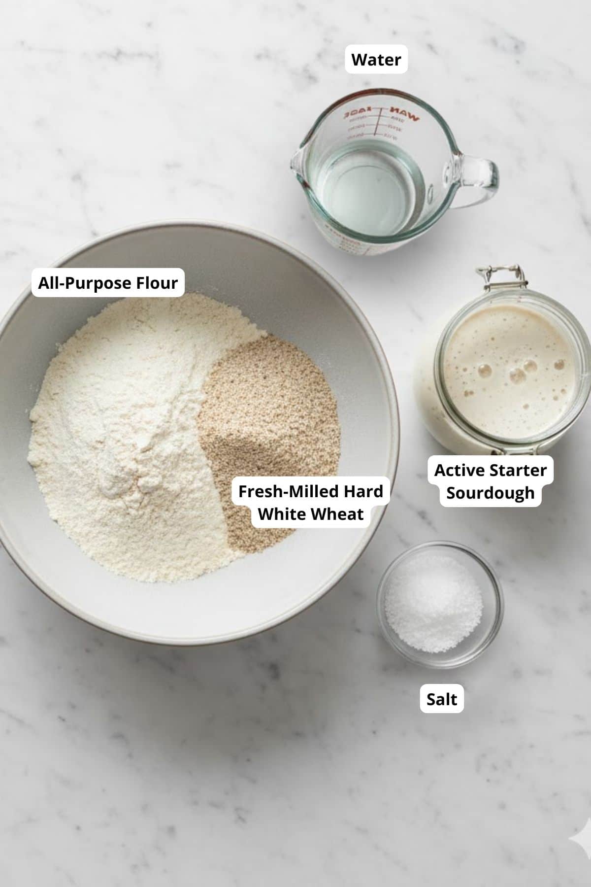 Ingredients for baking with fresh milled white wheat and active starter sourdough.