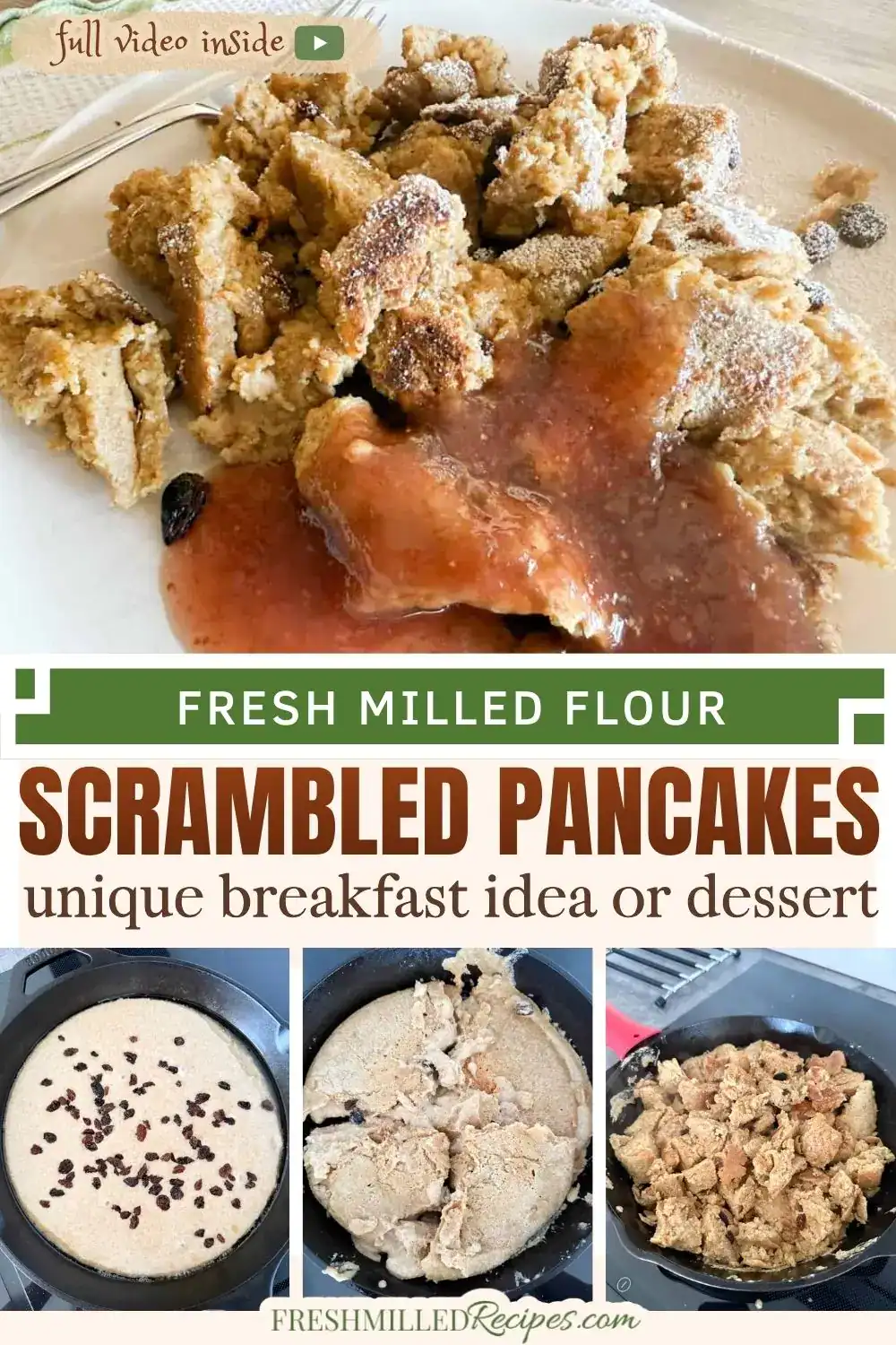 freshly made fresh milled flour scrambled pancakes with syrup, highlighting homemade breakfast ideas.