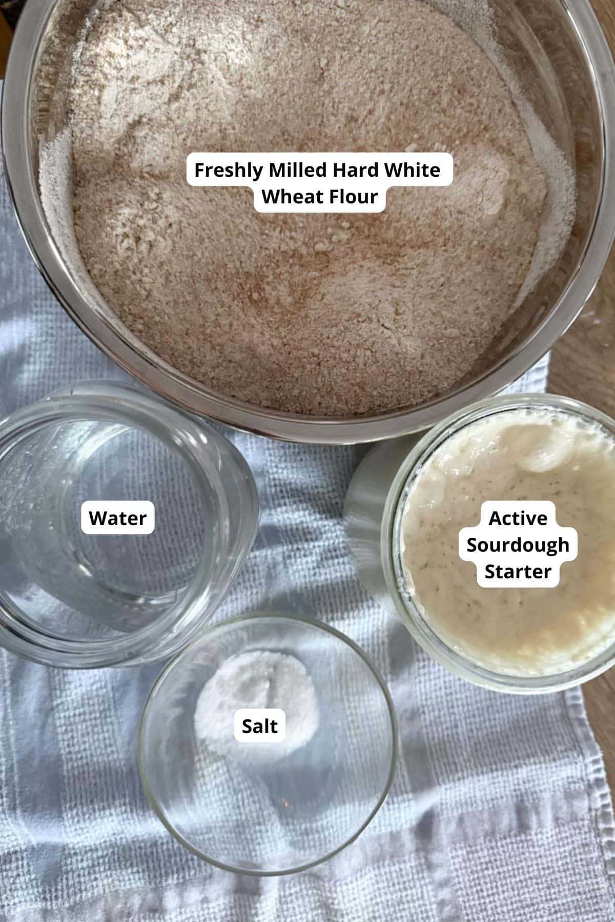 Freshly milled hard white wheat flour, water, salt, and active sourdough starter for bakery recipes.