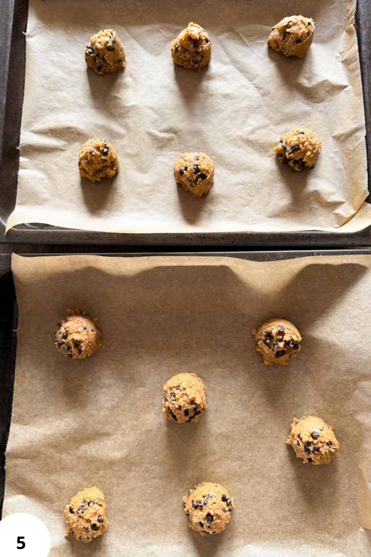 Soft, chewy chocolate chip cookie dough ready to bake with fresh milled grains.