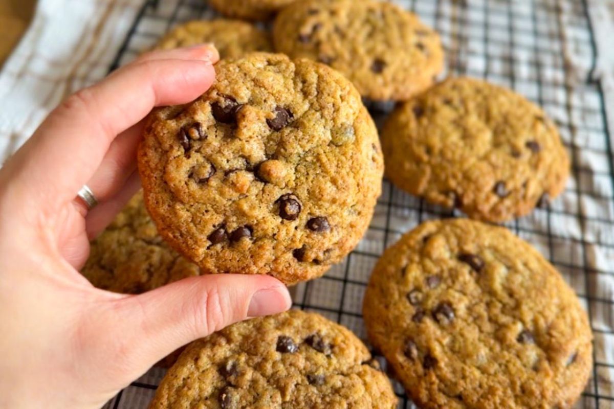Delicious homemade chocolate chip cookies, baked with fresh milled flour for wholesome flavor and texture.