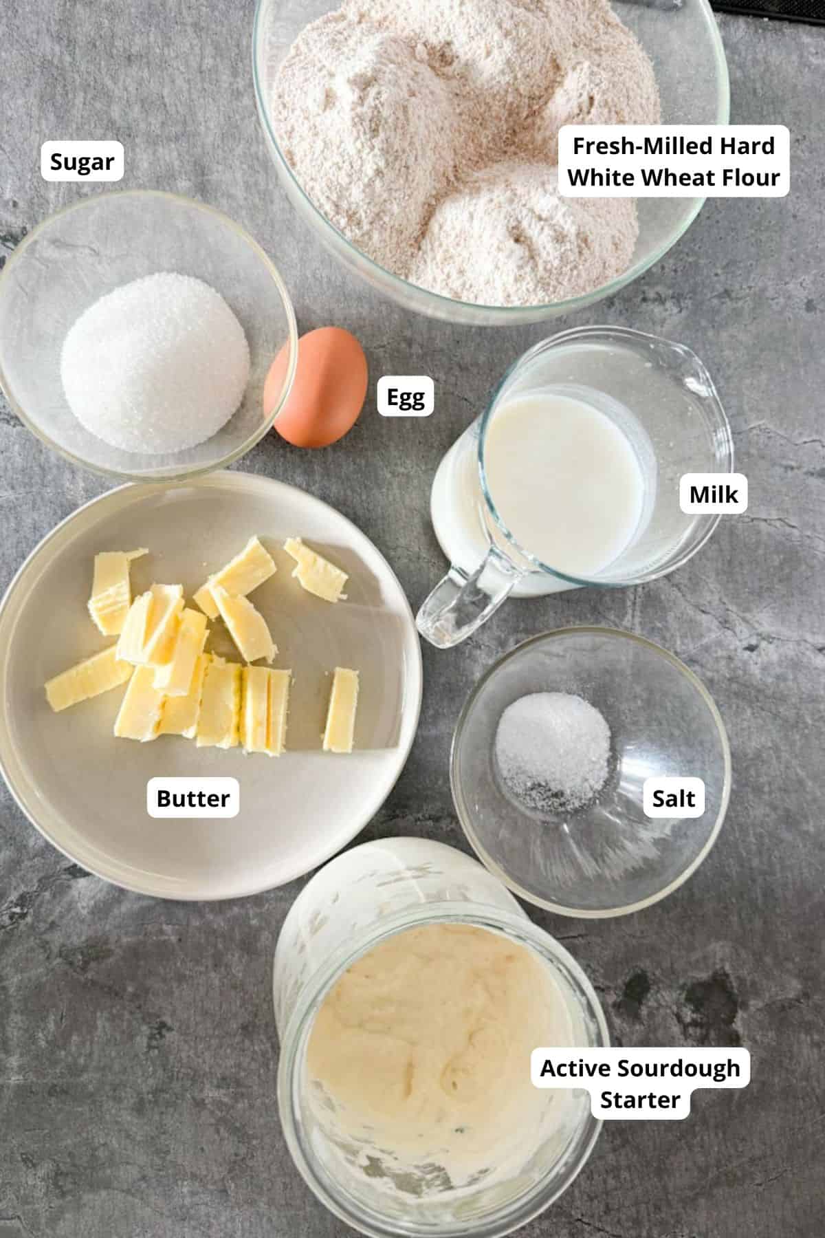Fresh-milled wheat flour, butter, eggs, milk for baking recipes.