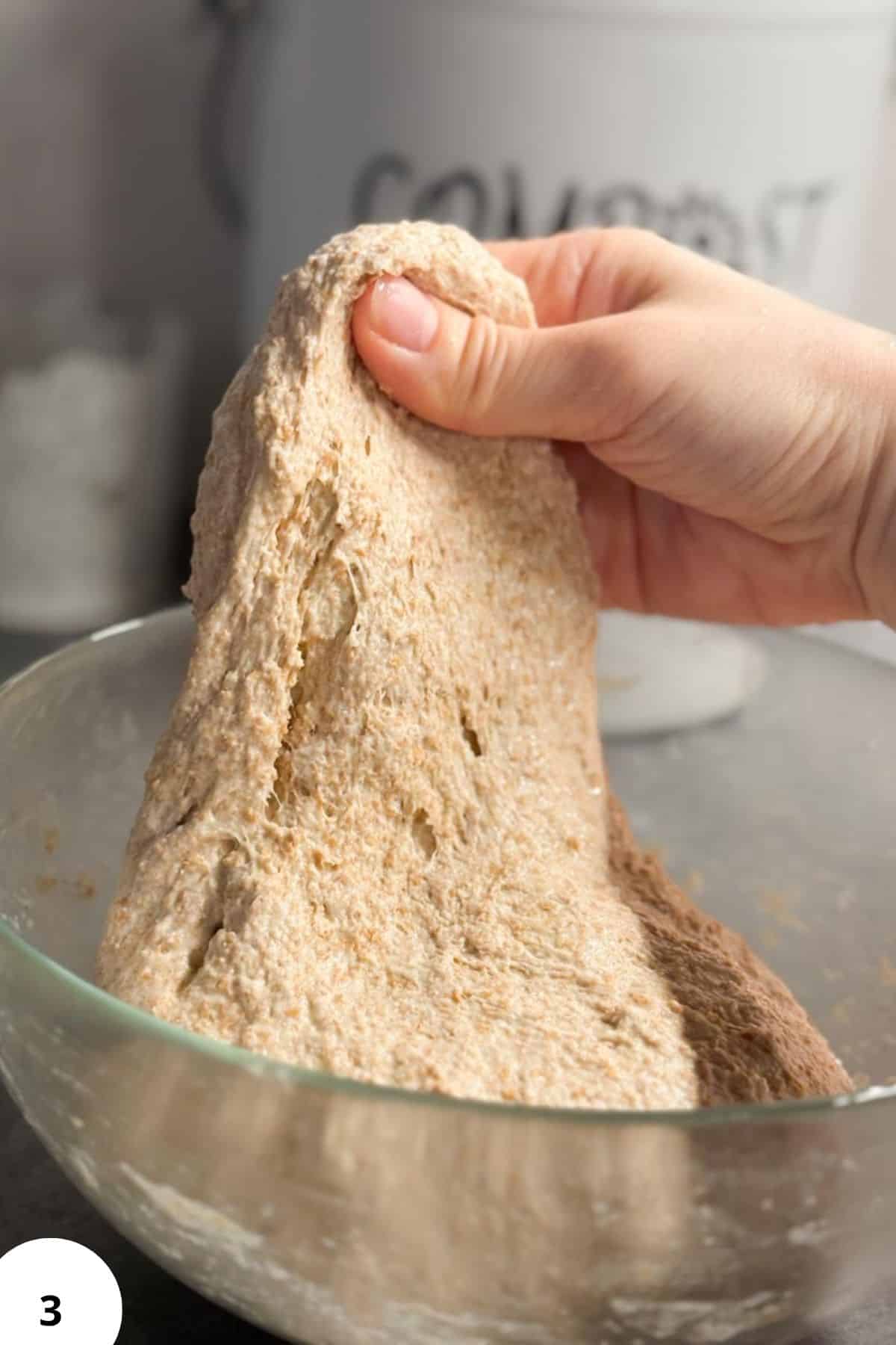 Fresh milled sourdough bread dough being shaped in a bowl, highlighting the two-pan method for bakin.