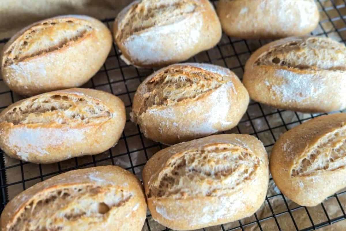 Freshly baked spelt sourdough bread rolls with a rustic crust and soft interior, made from freshly m.