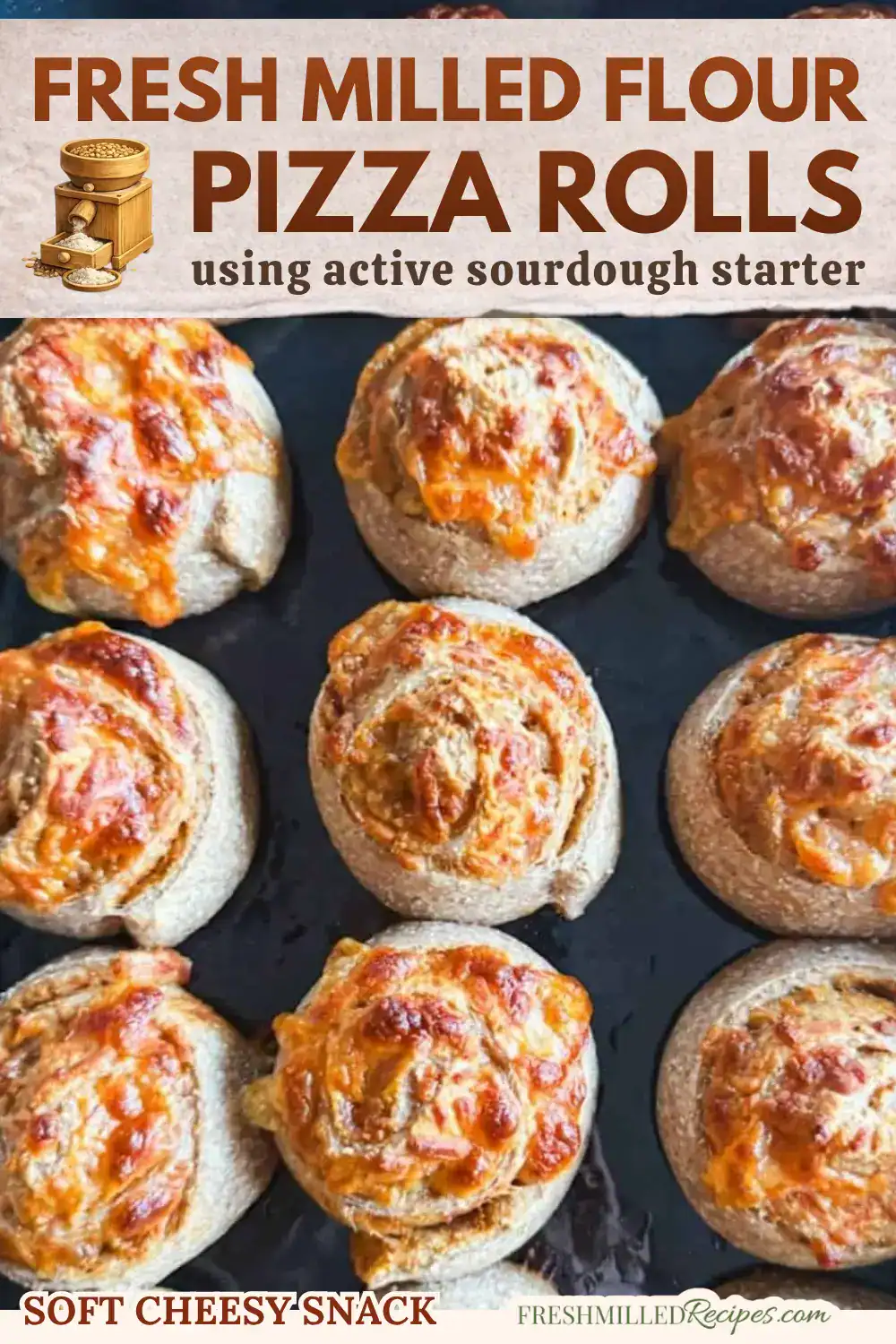 Delicious sourdough pizza rolls made with fresh milled flour and cheesy toppings. Perfect soft snack.