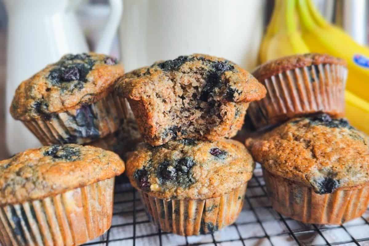 Blueberry banana muffins made with fresh milled flour, moist and flavorful, perfect for healthy brea.