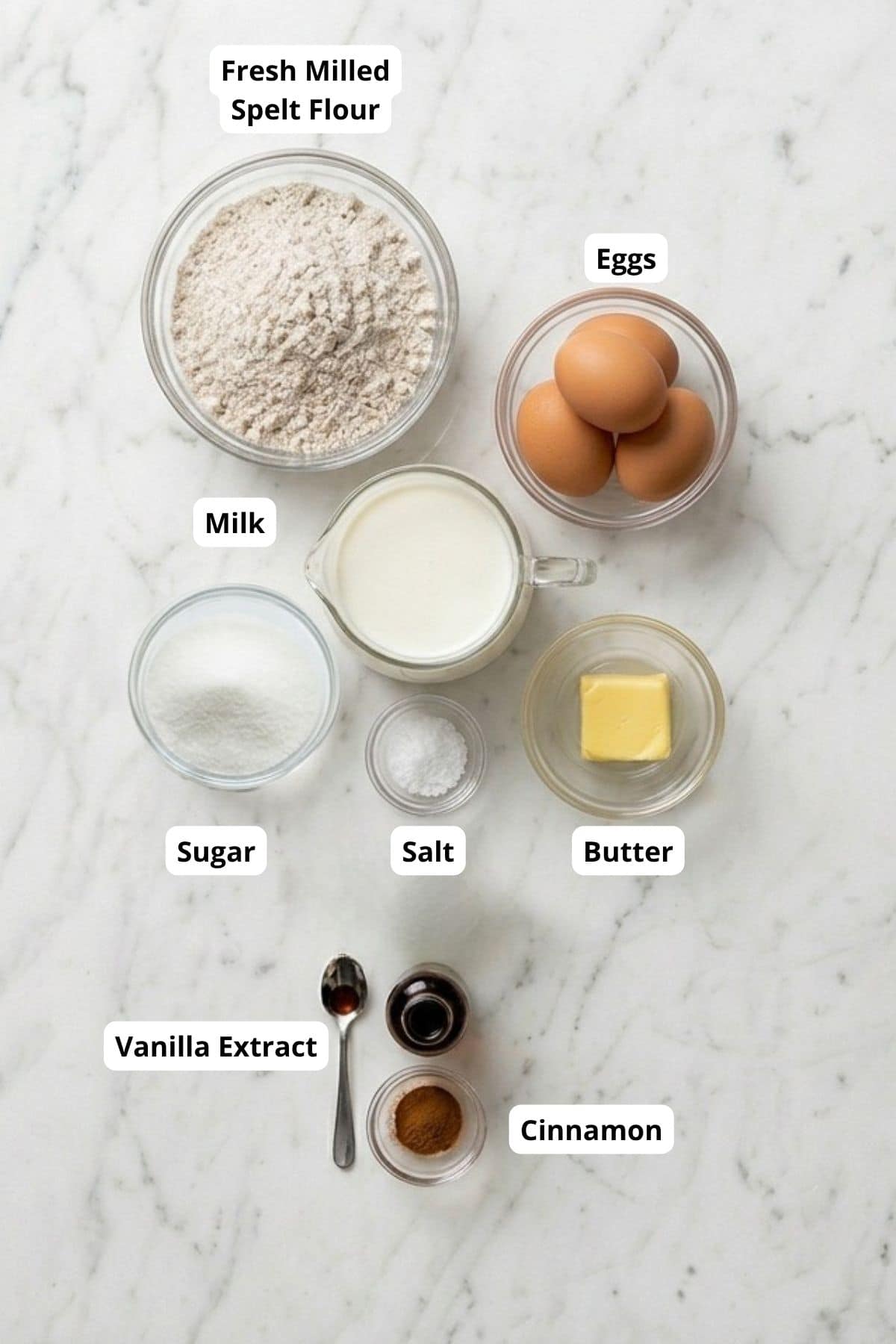 Fresh milled spelt flour, eggs, milk, sugar, salt, butter, vanilla extract, and cinnamon for Central.