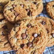 Delicious homemade peanut butter cookies with chocolate chips, made with fresh milled ingredients. P.