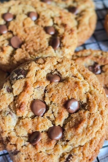 Delicious homemade peanut butter cookies with chocolate chips, made with fresh milled ingredients. P.
