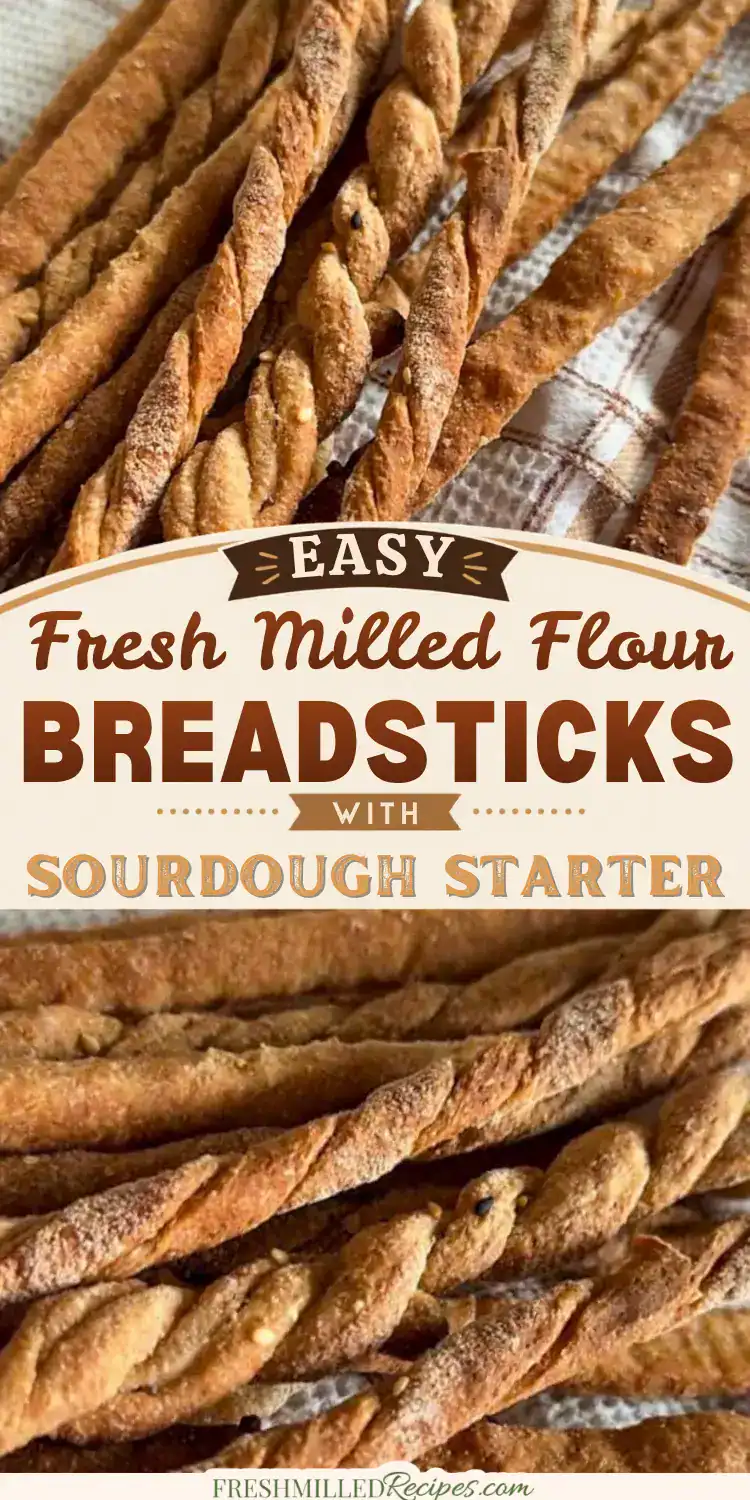Crispy homemade breadsticks made with fresh milled flour and sourdough starter, perfect for snacks o.
