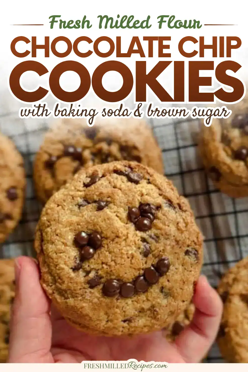 Delicious homemade chocolate chip cookie with smiley face design.