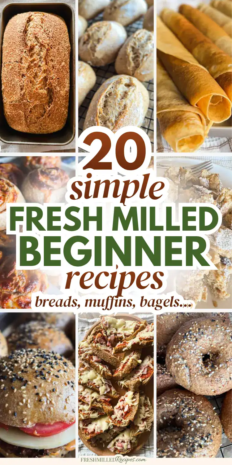 Assorted baked goods made with fresh milled flour including bread, muffins, bagels, and cookies.