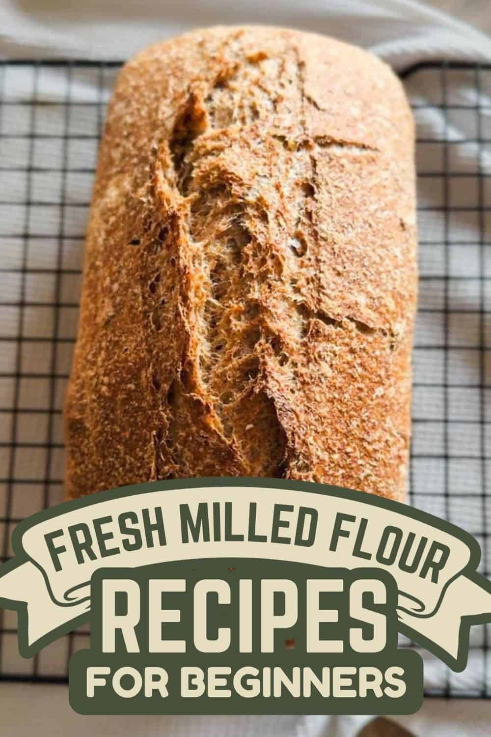 Freshly baked bread made with freshly milled flour on cooling rack.