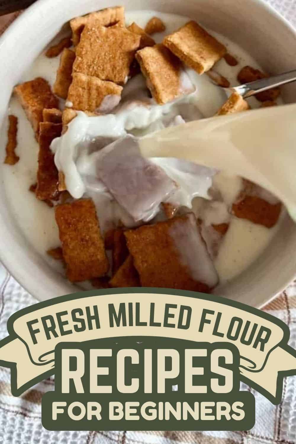 Pouring milk into a bowl with cereal and fresh milled flour for baking.