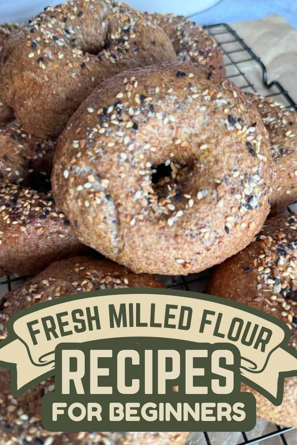 Close-up of freshly baked bagels with seeds and grains on top.