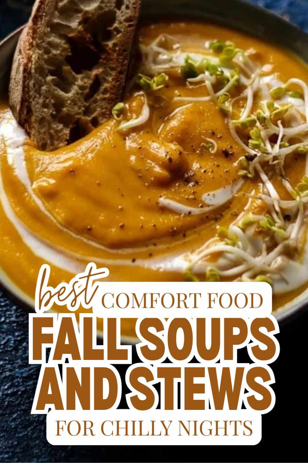 Warm fall soups and stews with bread, perfect for chilly nights.