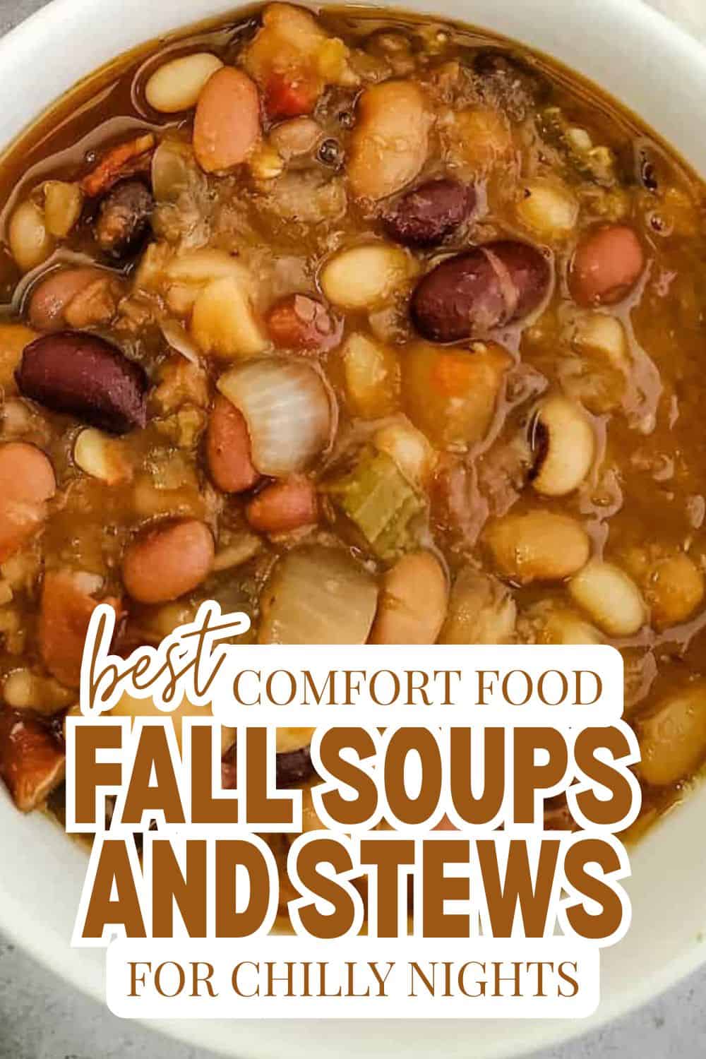 Hearty bowl of fall soups and stews with beans and vegetables for chilly nights.