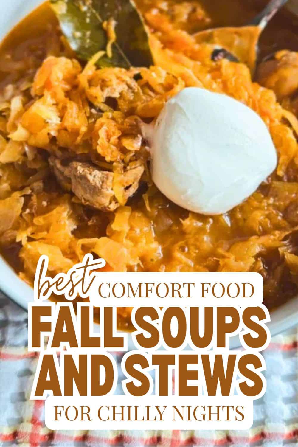 Comfort food fall soups and stews with vegetables and meat, topped with sour cream.