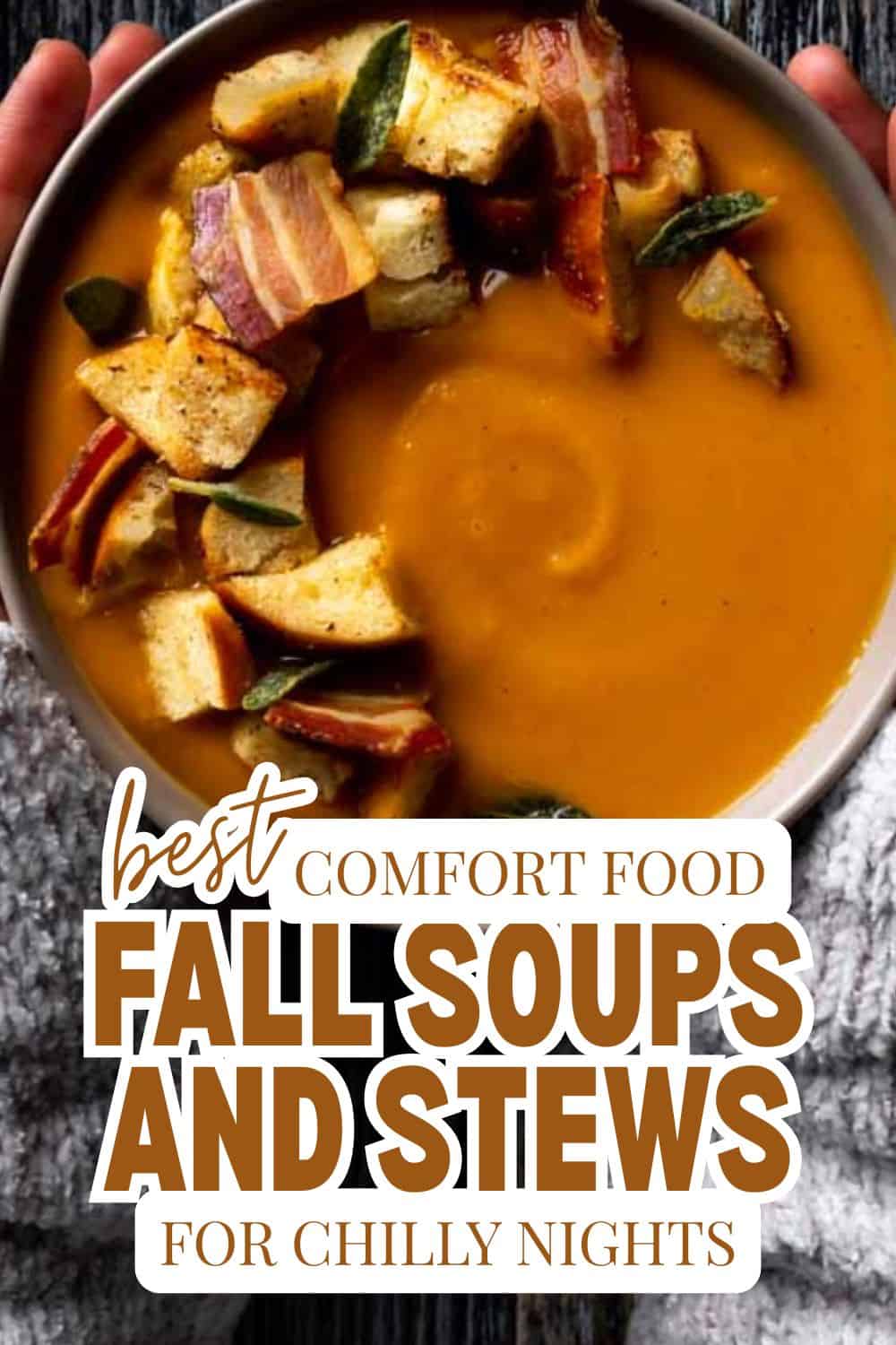 Warm bowl of fall soups and stews with bread and herbs for chilly nights.