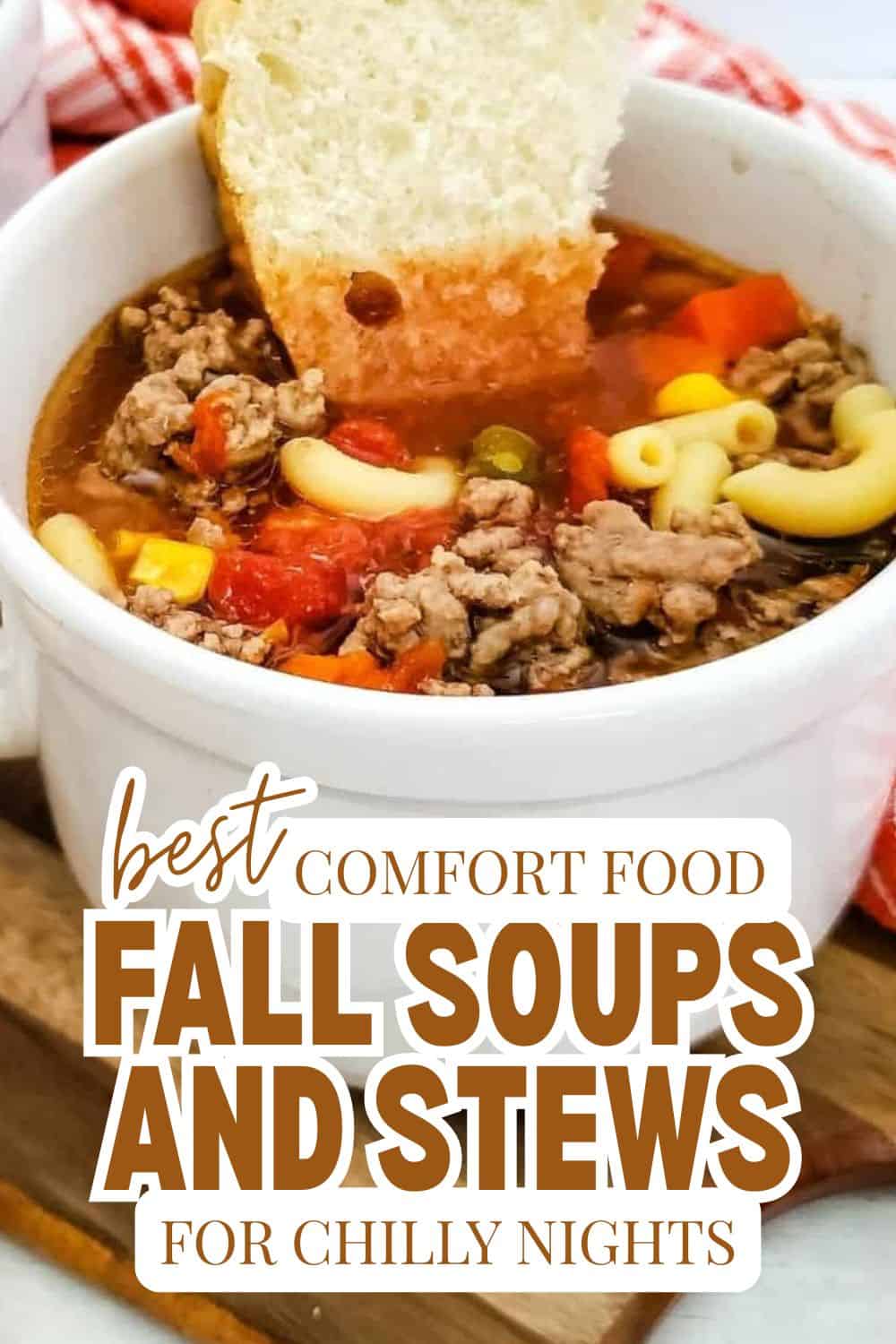 Comfort food fall soups and stews with bread in a cozy setting.