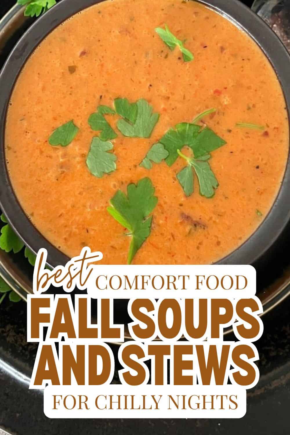 Warm fall soups and stews in a black pot with fresh herbs for chilly nights.