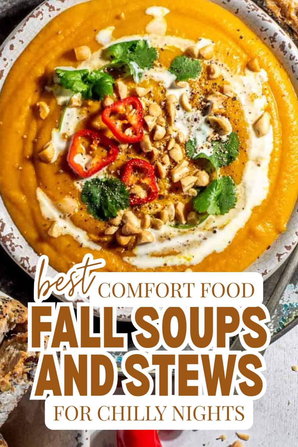 Creamy fall soups with chili peppers, cilantro, and nuts for cozy evenings.