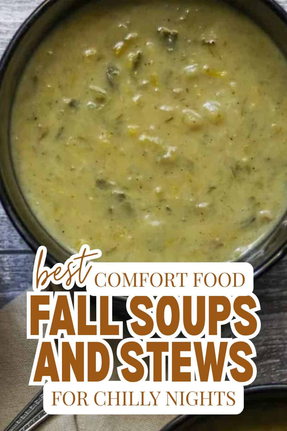 Hearty green soup in a black bowl, perfect for chilly nights.