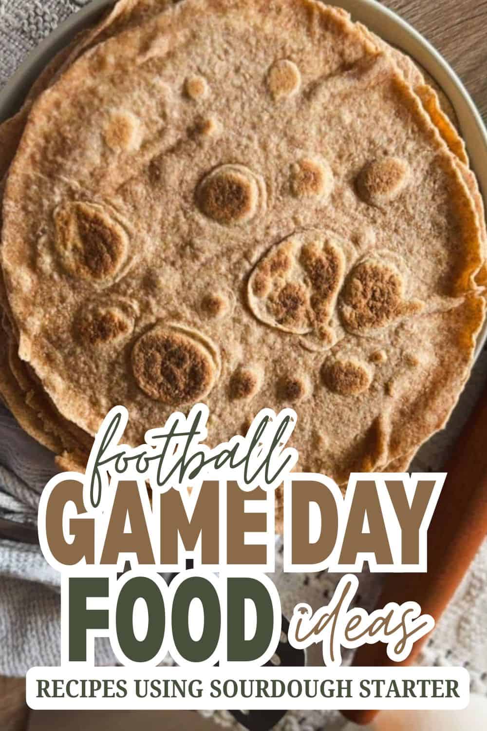 Homemade sourdough starter pancake with game day themed overlay.
